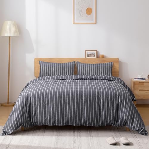 Image of TOCOMOA Striped Duvet Cover Set 100% Natural Cotton, Grey & White, King