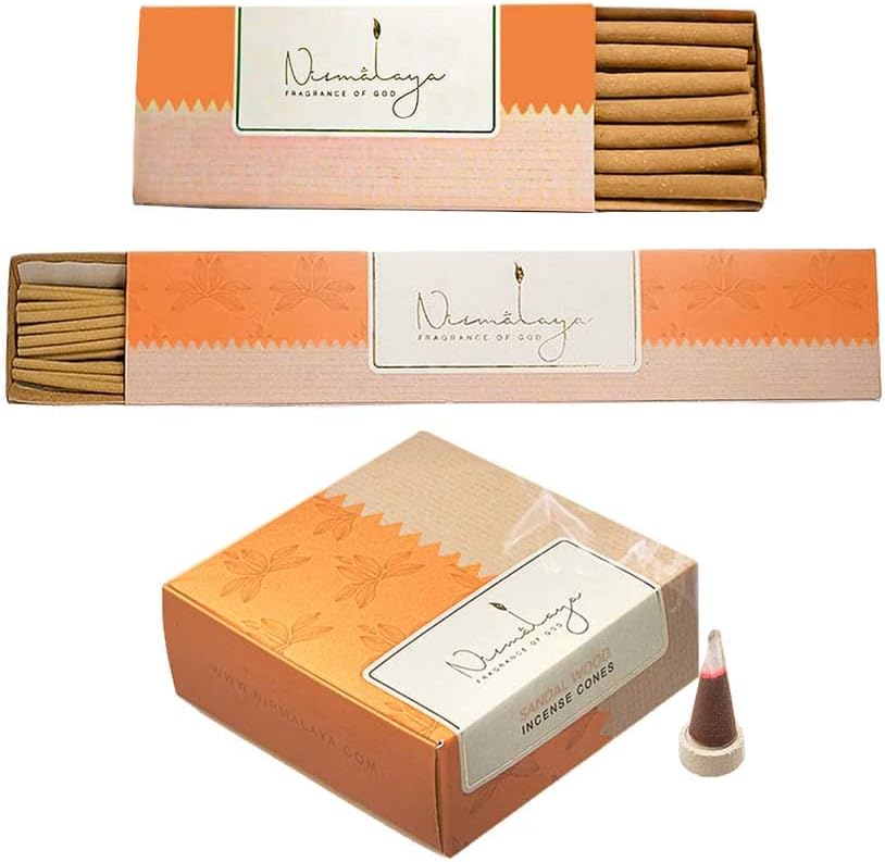 Nirmalaya Paquete combinado de incienso de pachulí 100% orgánico (40 varitas de incienso, 40 conos de incienso, 20 palitos de dhol) (sándalo Mysore)