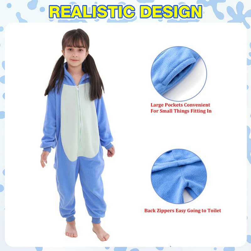 Pyjama Une pièce Bleu à Motif Dessin, Pyjama Doux en Polaire avec Capuche, grenouillère Amusante et Confortable