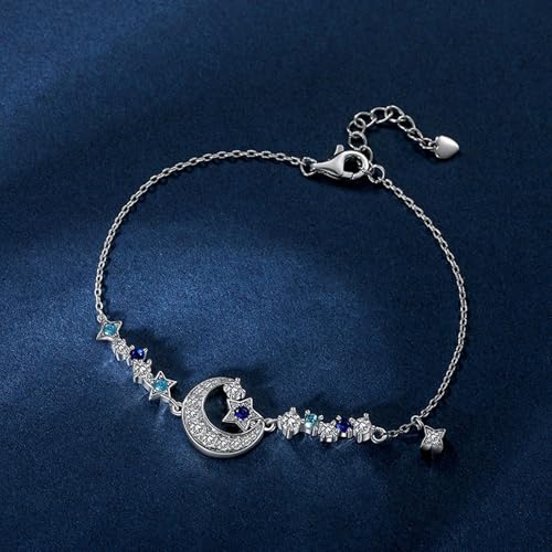 Jeulia Luna Astra Moon and Star Tennis Bracelet for Women | Sparkling CZ Bling Blue Celestial Charms | 925 Sterling Silver Adjustable Slider Chain | Gift Box Included4