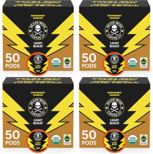 Death Wish Coffee, Organic and Fair Trade, Light Roast Coffee Pods (50 Count) (Pack of 4)