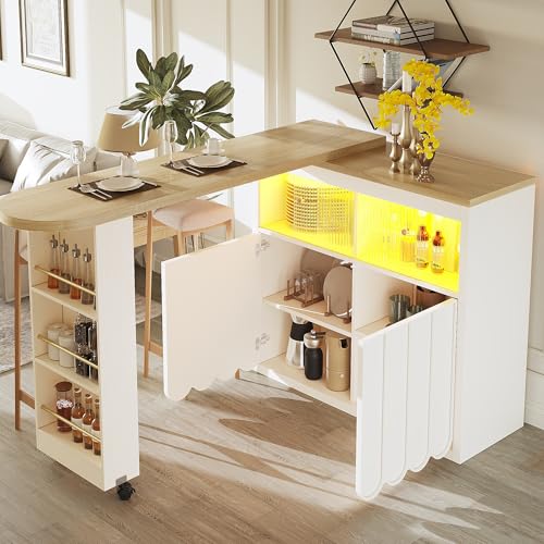 Yihomfy Îlot de Cuisine Pivotant à 360° avec Table à Manger Pivotante et Éclairage LED, Coin Café avec Rangement et Étagère à Snacks, Table Îlot pour...