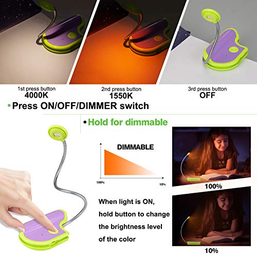 Image of Amber Reading Light Rechargeable, Book Light Kids for Reading in Bed, Clip On Reading Book Light, 2 Lighting Modes, Blue Light Blocking for Eye-Care, Small Bookmark Light for Bookworm-Green