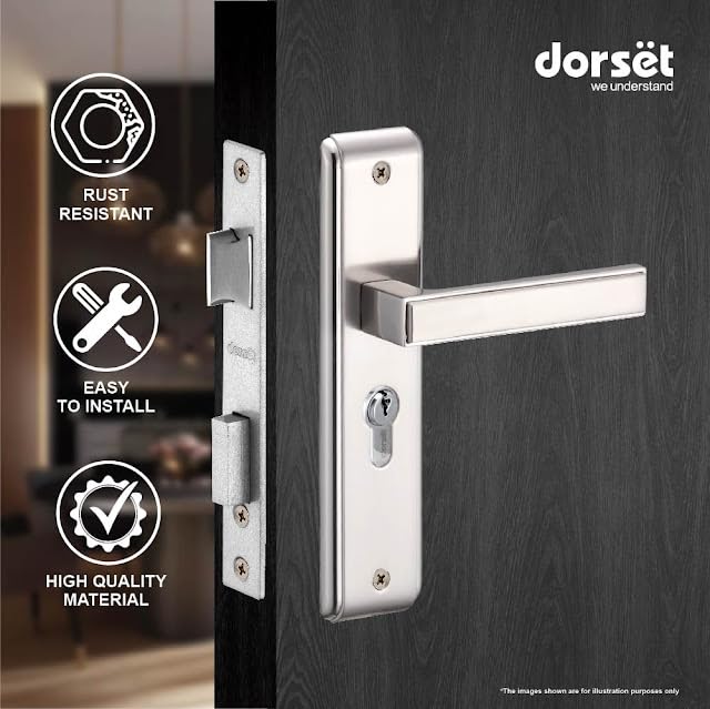 Image of Dorset Kaira Mortise lockset with Both Side Keys | 8 inch Mortise Handle Lockset for Main Door and Bedroom, 60 mm Cylinder, Satin Chrome Finish, HLKAISC