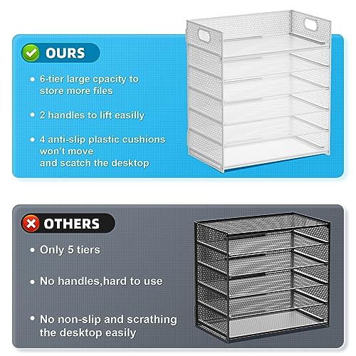 Marbrasse 6 Tier Paper Organizer Letter Tray - Mesh Desk File Organizer with Handle, Paper Sorter for Letter/A4 Office File Folder Holder - White - Image 3
