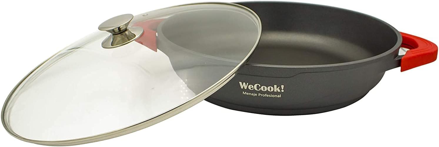 WECOOK! Ecostone Casseruola Bassa Induzione Coperchio di Vetro 40cm, Antiaderente XTRA DUPONT Ecologico senza PFOA, Alluminio Fuso, 5mm di Spessore, Maniglie in Silicone, Vitroceramica, Gas, Forno