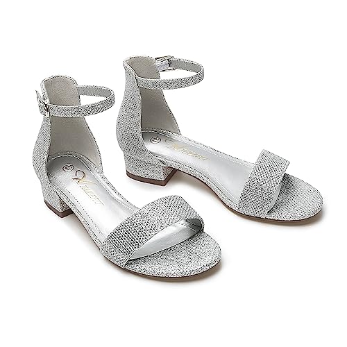 Athlefit Girls Sandals Open Toe Ankle Strap Low Heels Flower Girl Dress Shoes For Toddler Little Big Kid Silver Glitter Size 5 - Thumbnail 4