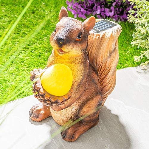 GloBrite Solar Powered Garden Squirrel Statue Outdoor Ornament with Red LED Light - Novelty Light Up Sculpture Resin Figurine Lawn Accessories for Patio Balcony Yard Pond Decking
