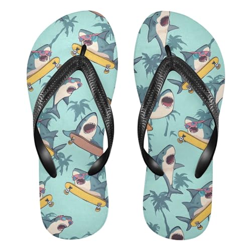 ALAZA Cute Skateboarding Shark Flip Flops for Women Fashion Beach Slippers Comfort Mens Flip Flops Non-Slip Rubber Shower Slippers Sandal for Hotel Travel Sport,XS
