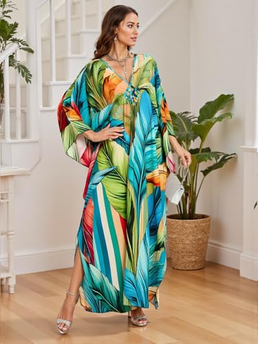 Image of IMAGEKOPE Women's Plus Size Animal Print V-Neck Batwing Kaftan Beach Dress Bathing Suit Cover-Up Loungewear