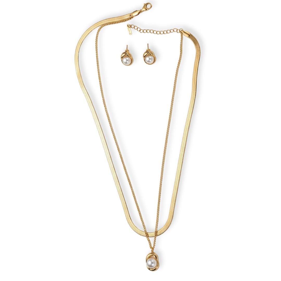 Serene Gold Layered Pearl Necklace Set, Dual-Layer Chain with Pearl Pendant and Matching Stud Earrings-image-25