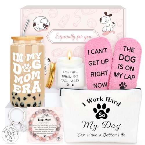 Verouis Dog Mom Gifts for Women Dogs Themed Gift for Dog Lovers Gifts for Women Gift for Dogs Owners Puppy Themed Basket - Drinking Cup Makeup Bag Candle Bracelets Keychain Socks