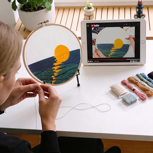 Image of Armindou Hand Embroidery DIY Kits for Beginners Adults, Sea Sunrise Embroidery Set Needlepoint Kits, Stamped Cross Stitch Kits for Beginners Adults, 2 Embroidery Hoops, Fabric(Attached Video Tutorial)