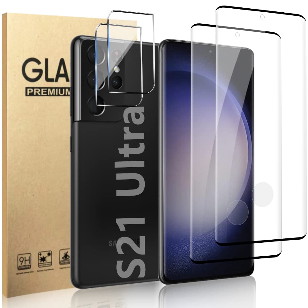 [2+2Pack] Galaxy S21 Ultra 5G Screen Protector Tempered Glass + Camera Lens Protector [9H Hardness][Compatible Fingerprint] 3D Curved HD Clear Glass Film For Samsung Galaxy S21 Ultra (6.8 Inch)