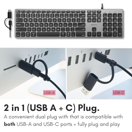 Macally Wired Keyboard for Mac with USB Hub (2X USB-A / 1x USB-C) - Compatible Backlit Apple Keyboard with Dual Interface - Auto OS Detection for Mac, MacBook Pro/Air, iMac, PC, Android, iPad, iOS