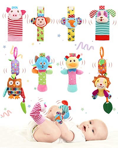 Image of Wrist and Foot Rattles, Handheld and Clip-On, Sensory Plush Animal Toys for Newborns (D8)