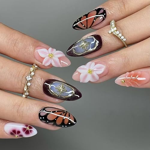 24 uñas postizas brillantes con detalles de encaje para uso diario por la noche, gel de goteo de cristal
