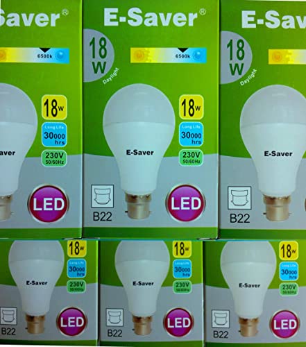 E-Saver - LED Standard GLS A60 (Globe) - Led Light Bulbs - 18w - (Pack of 6) - Daylight 6500+k - Bayonet Light Bulb - (B22- B22d)