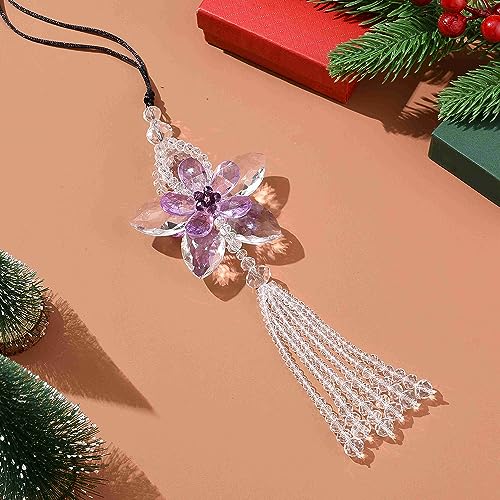 Image of Crystal Flower Car Rear View Mirror Pendant Suncatcher Ornament for Automotive Decoration Accessories Interior Rearview Mirror Hanging Charm, Purple