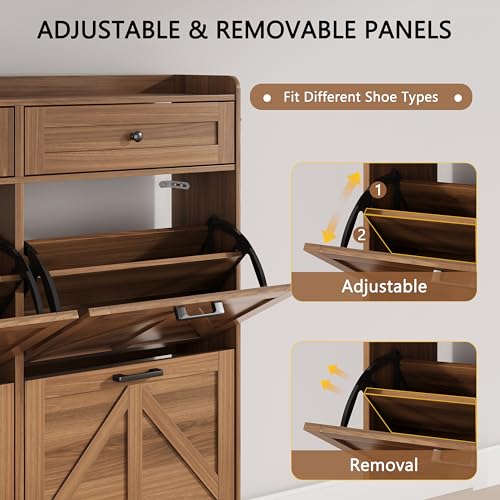 Image of Shoe Cabinet with 6 Flip Drawers & 2 Top Drawers, 57 inch Tall Freestanding Narrow Wooden Shoe Storage Organizer for Entryway, Hidden Slim Shoe Rack for Front Door Entrance, Hallway, Living Room, Walnut