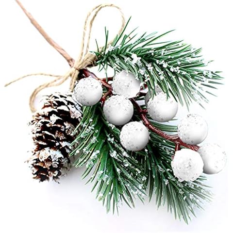 OLYPHAN White Christmas Berries/Berry Stems Pine Branches & Artificial Pine Cones/White Holly Spray/Wreath Picks for Winter Décor, Holiday Crafts, Xmas Decorations/Decorative Pick Cover