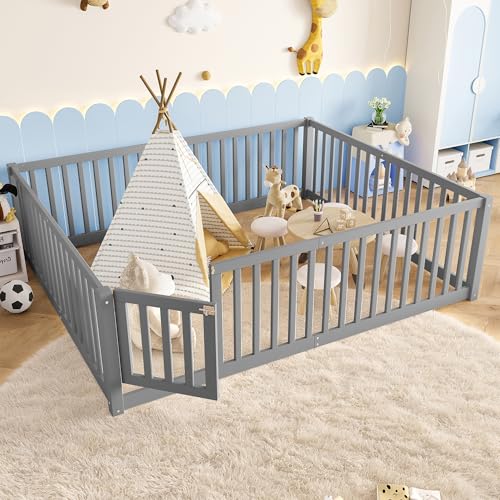 Image of Bellemave Queen Size Kids Montessori Floor Bed with Door,Solid Wood Floor Bed Frame with High Fence for Girls,Boys,Gray