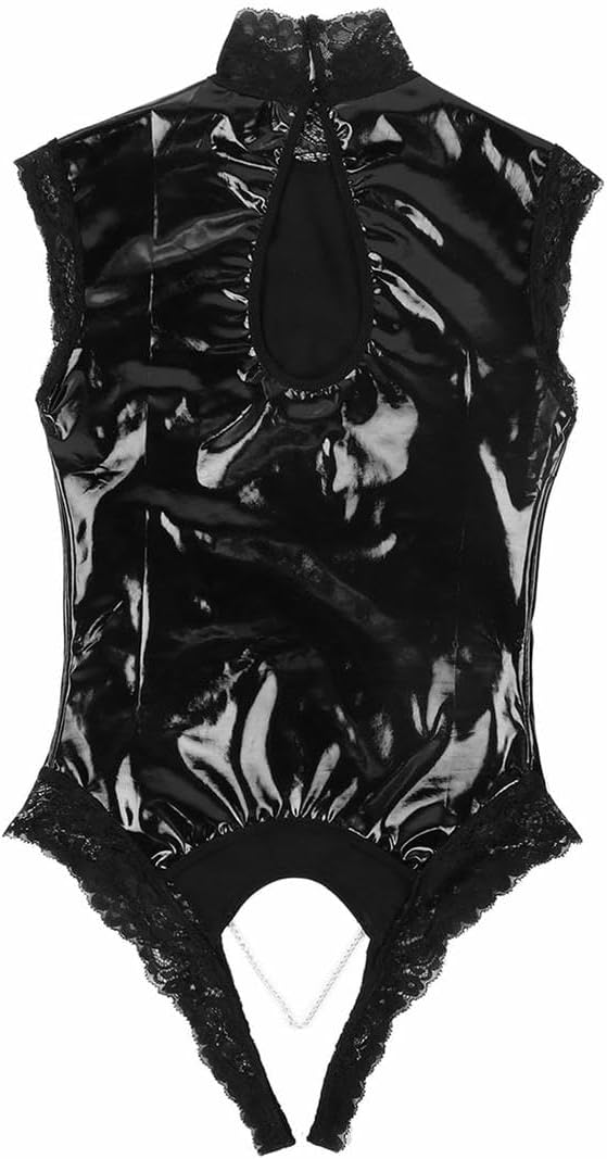 Lingerie Women Leather Jumpsuit High Cut Crotchless Open Leotard Wet Look Sleeveless Underwear