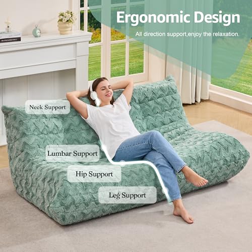 Image of Hobestluk Giant Bean Bag Chair Faux Fur BeanBag Couch for Living Room | Green Chevron, 3-Seater,Ergonomic Design,Memory Foam,Anti-slip Bottom,No Assembly Required,Decorative Style for Living Room