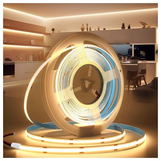 BRIMETI LED Streifen 12V 5M LED Strip COB Selbstklebend Warmweiss 3000K 8mm Breite 320LEDs/M, Flexibel IP20 Licht Band Leiste DIY, für TV, Beleuchtung Schlafzimmer (ohne Netzteil)