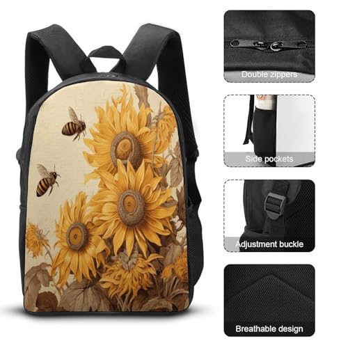 Printed Backpack With Lunch Pack Storage Box Case Bees And Sunflowers on Old Paper 3pcs Lightweight Travel Backpack3
