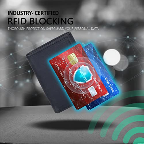 Image of Real Leather Mens Trifold Wallet RFID Blocking Slim Minimalist Front Pocket - Thin & Stylish with ID Window in Gift Box, Pebble Black, Trifold