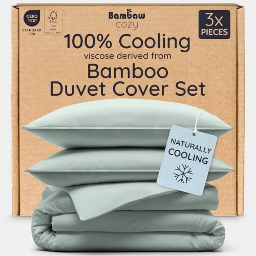 Image of Bambaw 100% Viscose Derived from Bamboo Duvet Cover King Size - 3 Piece Cooling Duvet Cover Set, Breathable & Super Soft Bedding King Size, No Comforter (Sea Glass)
