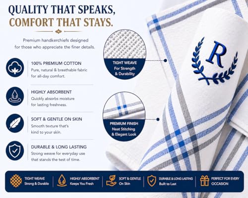 Image of GOLU MOLU Cotton White Formal Handkerchief Pack Of 6 | Office Travel Daily Use | Custom Initial Design | Free Size | Cotton Fabric | Customised N95 Mask Included