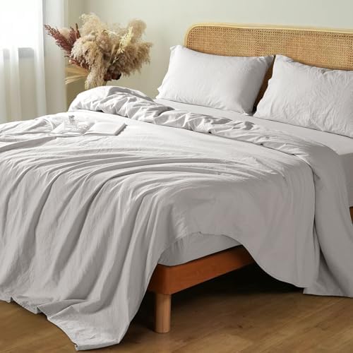 Shilucheng 100% French Linen Sheets - Full Size Bed Sheets, Breathable & Cooling Pure Linen Sheets,Soft Durable and Tear Resistant -16 Inch Deep Pocket - 4Pcs (Grey, Full)