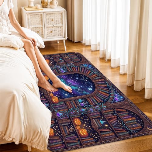 Alfombra de Halloween negra rectangular con estrellas místicas de pelo bajo para salón 4