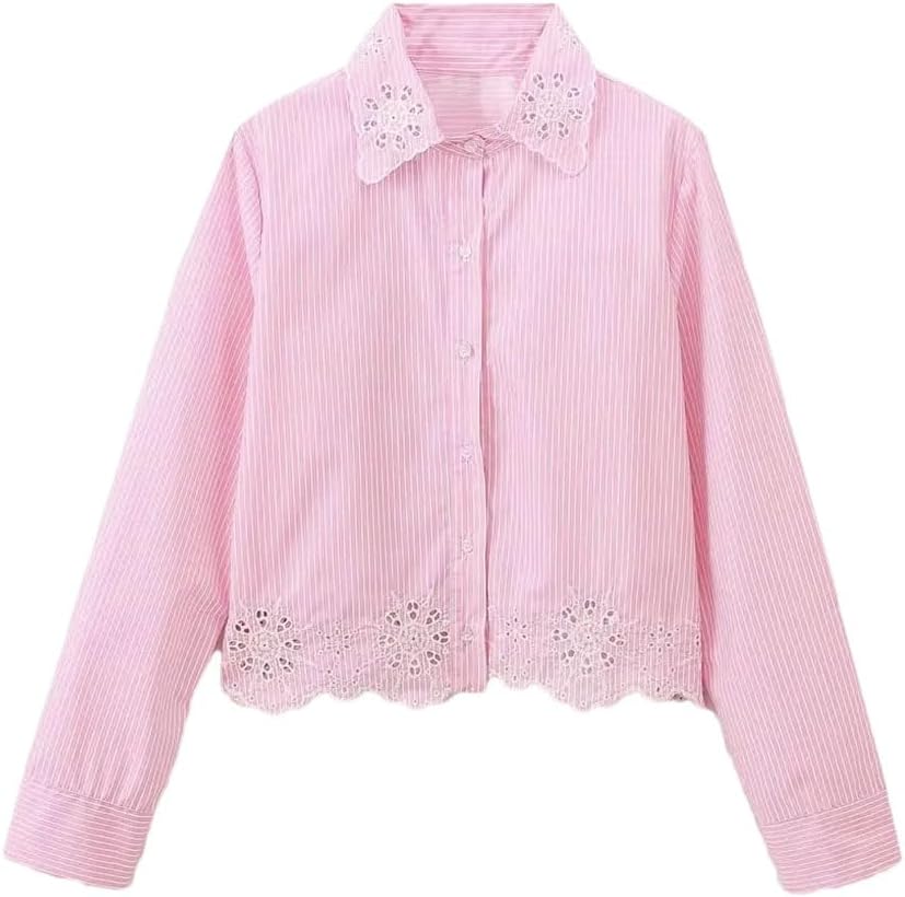 Women's Hollow Embroidery Long-Sleeved Lapel Striped Shirt