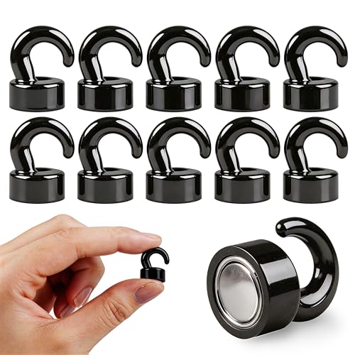 NogmeTaa mini Magnete stark mit Haken für Büro Klassenzimmer Kreuzfahrtschiff und Küche niedliche neodym magnethaken für Kühlschrank 10 Stück pro Packung (Schwarz)