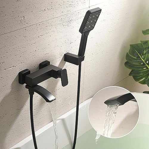 Grifo de bañera de montaje en pared con ducha de mano de 3 funciones | Grifería para bañera cuadrada de acabado negro mate con rociador portátil y grifo plegable alargado miniatura 2