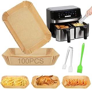Meetory Air Fryer Liners for Ninja Dual Zone AF300K AF400UK, 100Pcs Disposable Air Fryer Parchment Paper Liners Rectangle, 6.7X 9.8inch Airfryer Liners with Grill Tongs & Brush, Oil/Water Proof