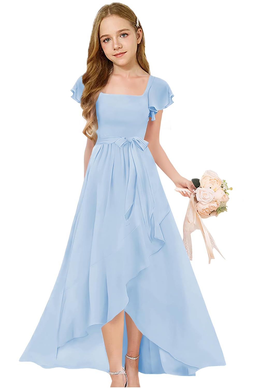 Augday Short Sleeves Junior Bridesmaid Dresses for Wedding Chiffon Flower Girl Dress for Wedding Party Pageant Gown