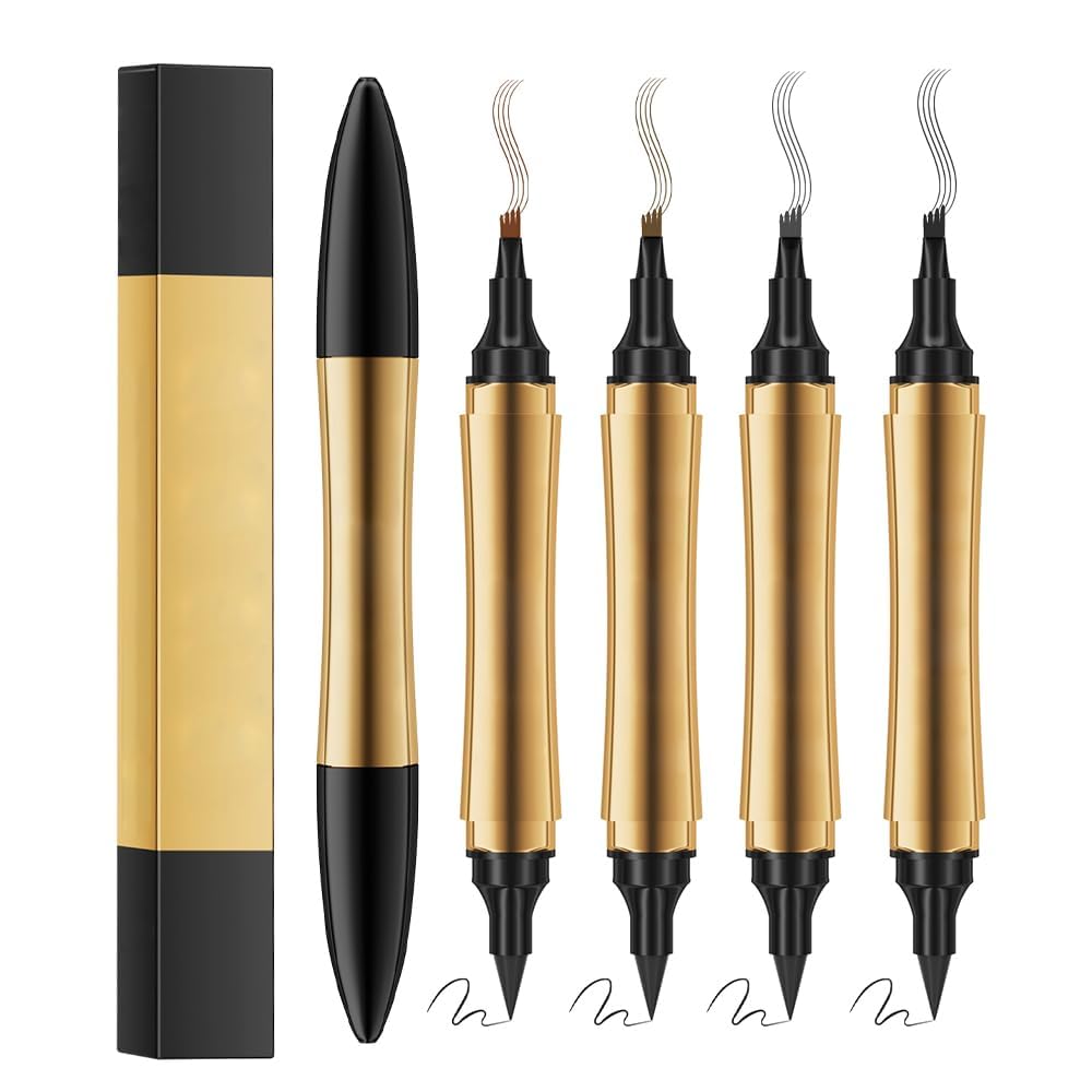 2 in 1 Magischer Augenbrauenstift, 2024 Upgrade Multifunktions-3D-Microblading-Augenbrauen-Tätowierungsstift 4-Gabelspitze mit Eyeliner, Doppelkopf-Augenbrauenstift Wasserdichte (4 Farben)