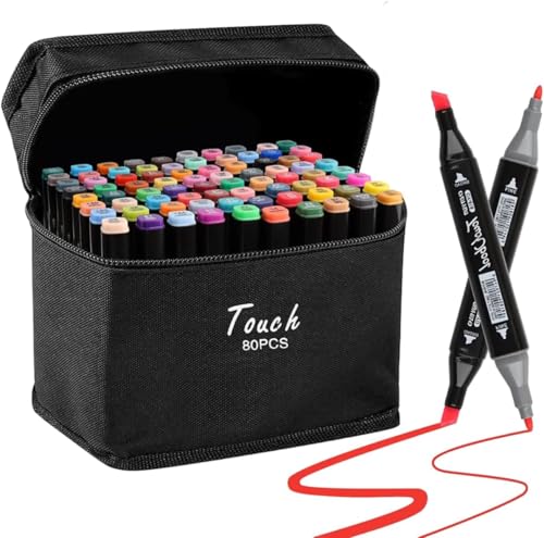Kit de 80 Canetas Marcador Permanente Ponta Dupla Touch Coloridas para Desenho Profissional Escolar Infantil com Estojo Organizador Base Artista Canetinhas Hidrográficas Alcool Caneta para Colorir