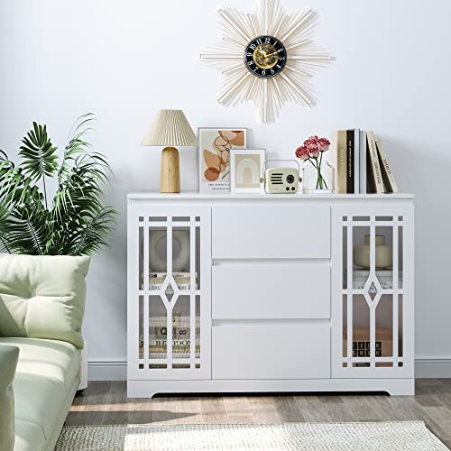 Facbotall Sideboard Buffet Cabinet With Storage, Modern Kitchen Storage Cabinet With 2 Glass Doors, 3 Drawers & Adjustable Shelves For Kitchen Dining Room #TOP4