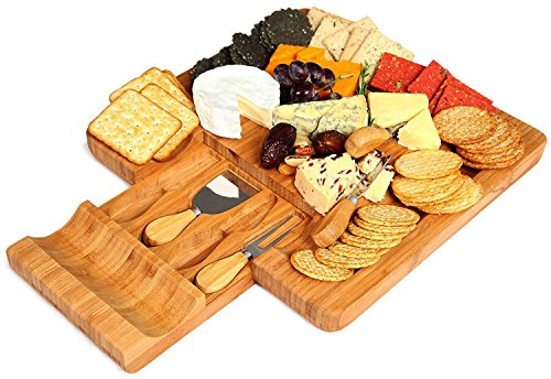 Cheese Board and Knife Set - Bamboo Serving Tray with Knives & Slate Labels - Large Wooden Meat Cheese Crackers Bread Charcuterie Cutting Platter - Hidden Knife Drawer - Entertaining Gift