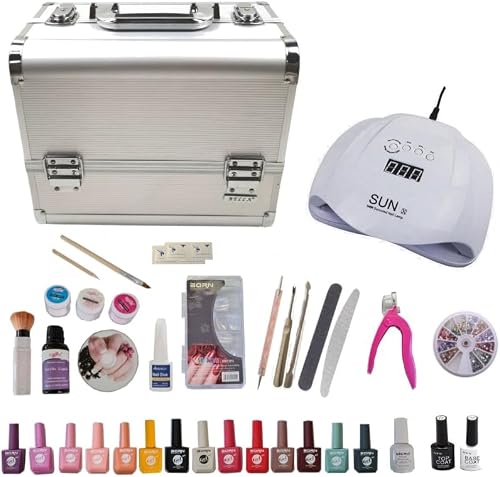 UV Gel Nail Kit with 14 Colours, Nail Accessories, Silver Aluminium Case, 39-Piece Complete Set