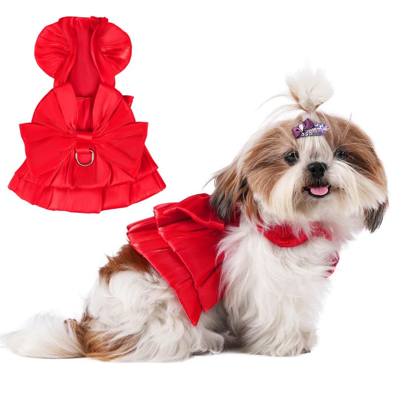 Norbi Cute Small Dog Dresses Female Puppy Outfits with Bowknot Spring Summer Princess Dress Birthday Designer Dog Clothes Red S