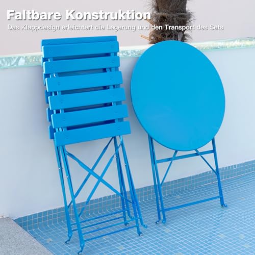 RELAX FIELD Gartenmöbel Set Wetterfest, Balkonmöbel Set 3 Teilig für Kleinen Balkon, Bistrotisch mit 2 Stühlen, Bistro Set Klappbar, Blau