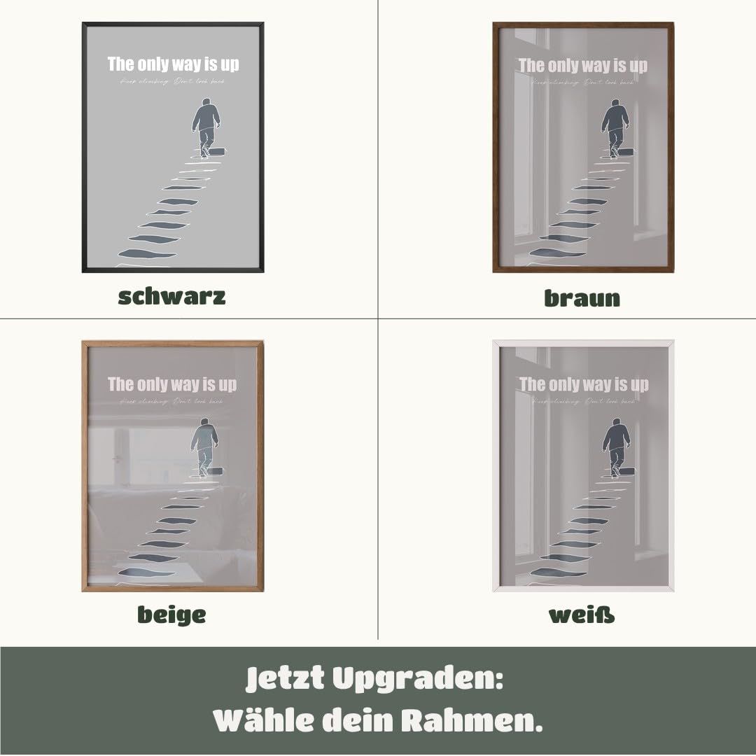 MJ-GRAPHICS® Motivierend Poster Aufstieg Wandbild minimalistisch Stil Grau modern Wohnzimmer DekoInspirierend Kunstdruck Treppe Büro Wanddeko zielstrebig Bilder A2 mit beigem Rahmen