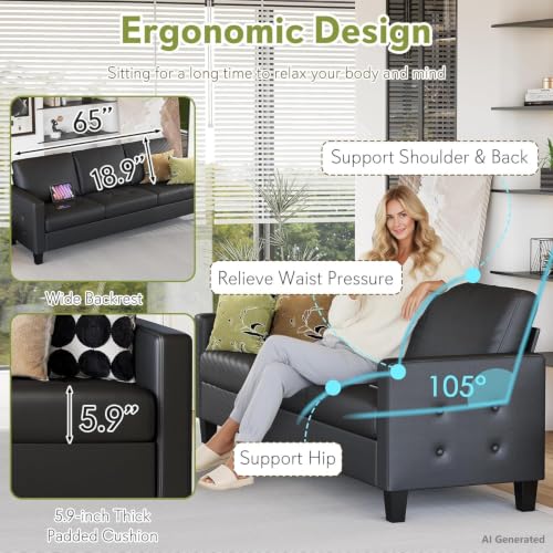 Image of STHOUYN 59 inch Black Faux Leather Sofa Couch, Small 2 Seater Loveseat | STHOUYN, Modern, Comfy, Tufted Armrest, USB Charger, Living Room, Apartment, Bedroom