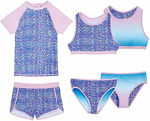 Eddie Bauer Girls 4 Piece Reversible Swimsuit Set (Lupine, Medium 10 12)